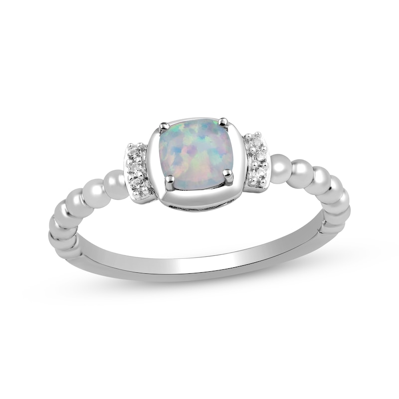 Main Image 1 of Cushion-Cut Lab-Created Opal & Round-Cut White Lab-Created Sapphire Beaded Ring Sterling Silver
