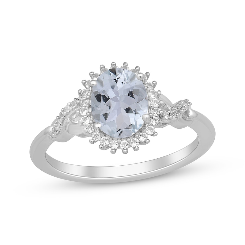 Oval-Cut Aquamarine & Round-Cut White Lab-Created Sapphire Starburst Ring Sterling Silver