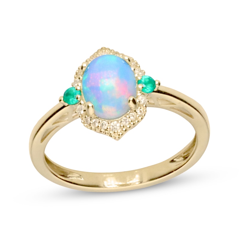 Oval-Cut Opal, Emerald & Diamond Arabesque Frame Ring 1/10 ct tw 10K Yellow Gold