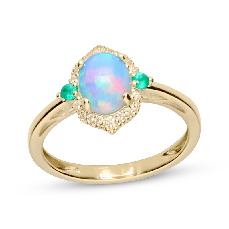 Main Image 1 of Oval-Cut Opal, Emerald & Diamond Arabesque Frame Ring 1/10 ct tw 10K Yellow Gold