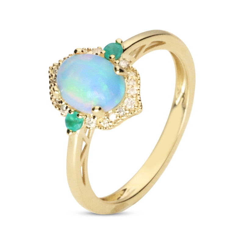 Main Image 2 of Oval-Cut Opal, Emerald & Diamond Arabesque Frame Ring 1/10 ct tw 10K Yellow Gold