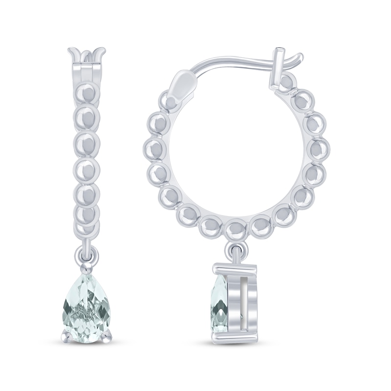 Pear-Shaped Aquamarine Beaded Drop Hoop Earrings Sterling Silver