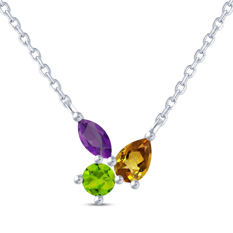 Main Image 1 of Multi-Shape, Multi-Gemstone Trio Necklace Sterling Silver 18”