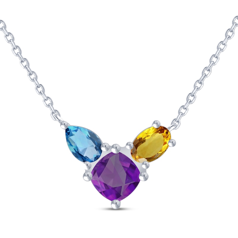 Main Image 1 of Multi-Shape, Multi-Gemstone Trio Necklace Sterling Silver 18”
