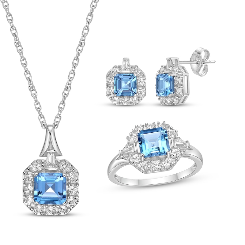 Main Image 1 of Asscher-Cut Swiss Blue Topaz & Tapered Baguette and Round-Cut White Lab-Created Sapphire Gift Set Sterling Silver