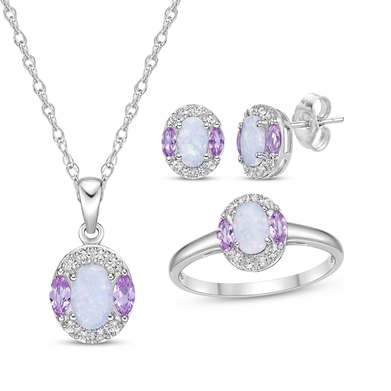 Main Image 1 of Oval-Cut Lab-Created Opal & Multi-Shape Pink and White Lab-Created Sapphire Gift Set Sterling Silver