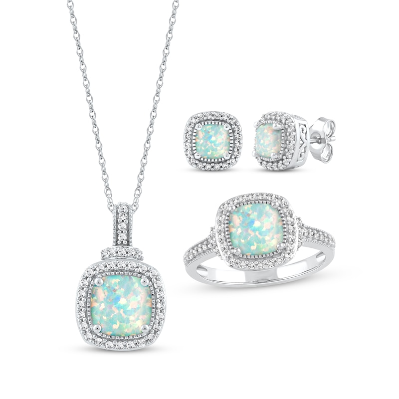 Cushion-Cut Lab-Created Opal & White Lab-Created Sapphire Gift Set Sterling Silver
