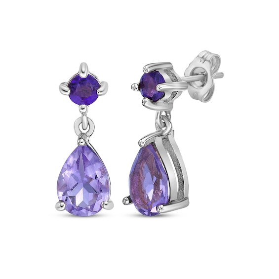 Pear-Shaped & Round-Cut Amethyst Drop Earrings Sterling Silver