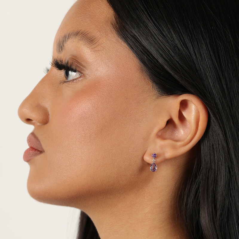 Main Image 4 of Pear-Shaped & Round-Cut Amethyst Drop Earrings Sterling Silver
