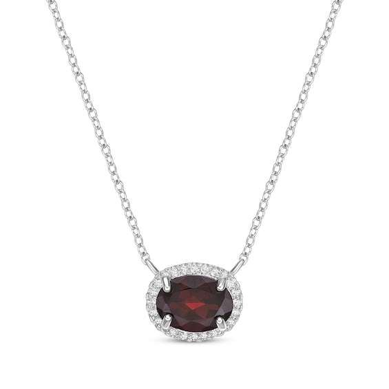 Oval-Cut Garnet & White Lab-Created Sapphire Halo Necklace Sterling Silver 18"