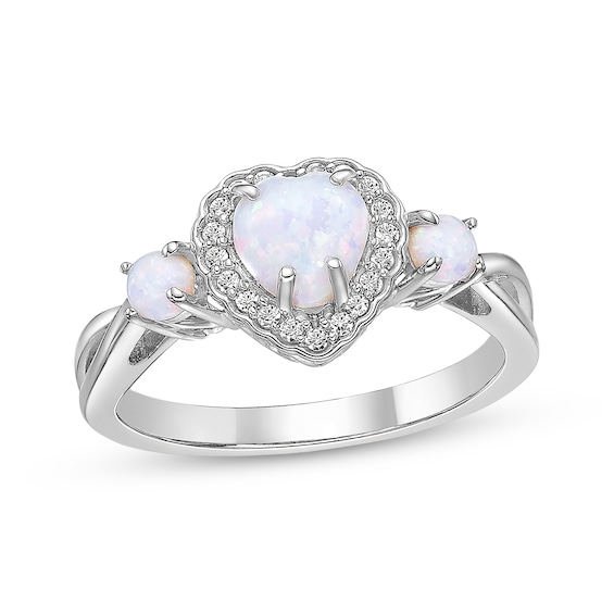 Heart-Shaped & Round-Cut Lab-Created Opal, White Lab-Created Sapphire Ring Sterling Silver