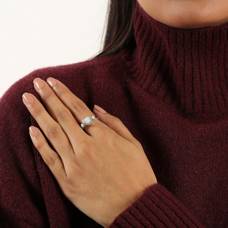 Main Image 5 of Heart-Shaped & Round-Cut Lab-Created Opal, White Lab-Created Sapphire Ring Sterling Silver