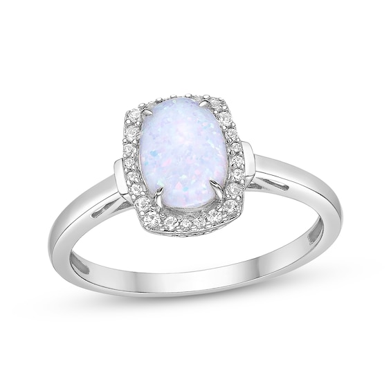 Oval-Cut Lab-Created Opal & White Lab-Created Sapphire Ring Sterling Silver