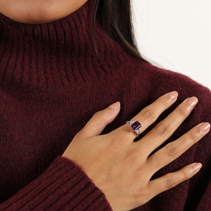 Main Image 6 of Rectangle-Cut Amethyst & White Lab-Created Sapphire Twist Ring Sterling Silver