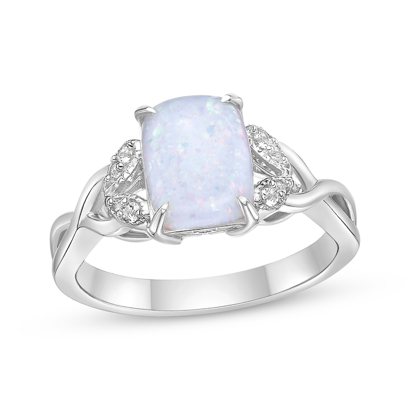 Main Image 1 of Rectangle-Cut Lab-Created Opal & White Lab-Created Sapphire Twist Ring Sterling Silver