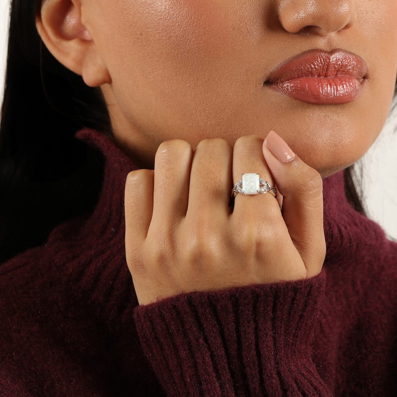 Main Image 5 of Rectangle-Cut Lab-Created Opal & White Lab-Created Sapphire Twist Ring Sterling Silver