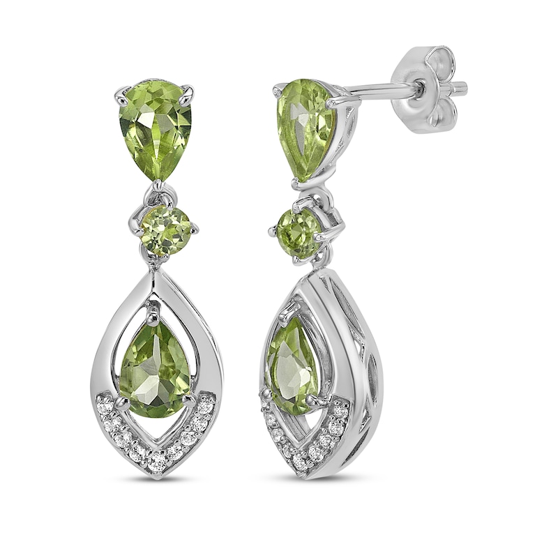 Main Image 1 of Pear-Shaped & Round-Cut Peridot, White Lab-Created Sapphire Drop Earrings Sterling Silver