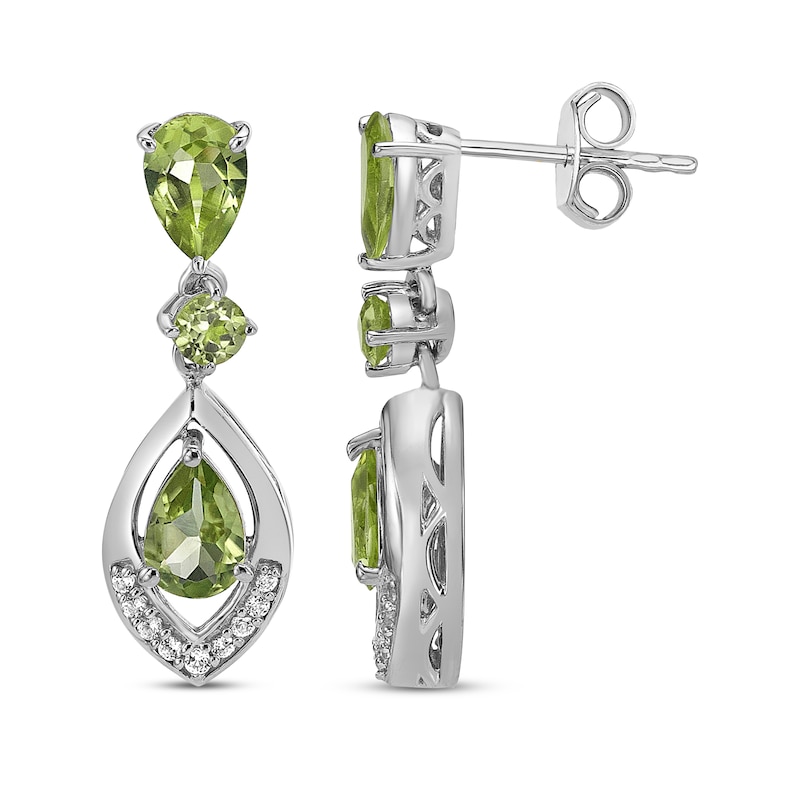 Main Image 3 of Pear-Shaped & Round-Cut Peridot, White Lab-Created Sapphire Drop Earrings Sterling Silver