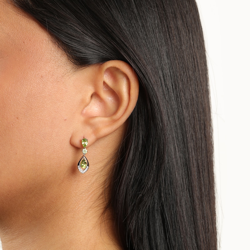 Main Image 4 of Pear-Shaped & Round-Cut Peridot, White Lab-Created Sapphire Drop Earrings Sterling Silver