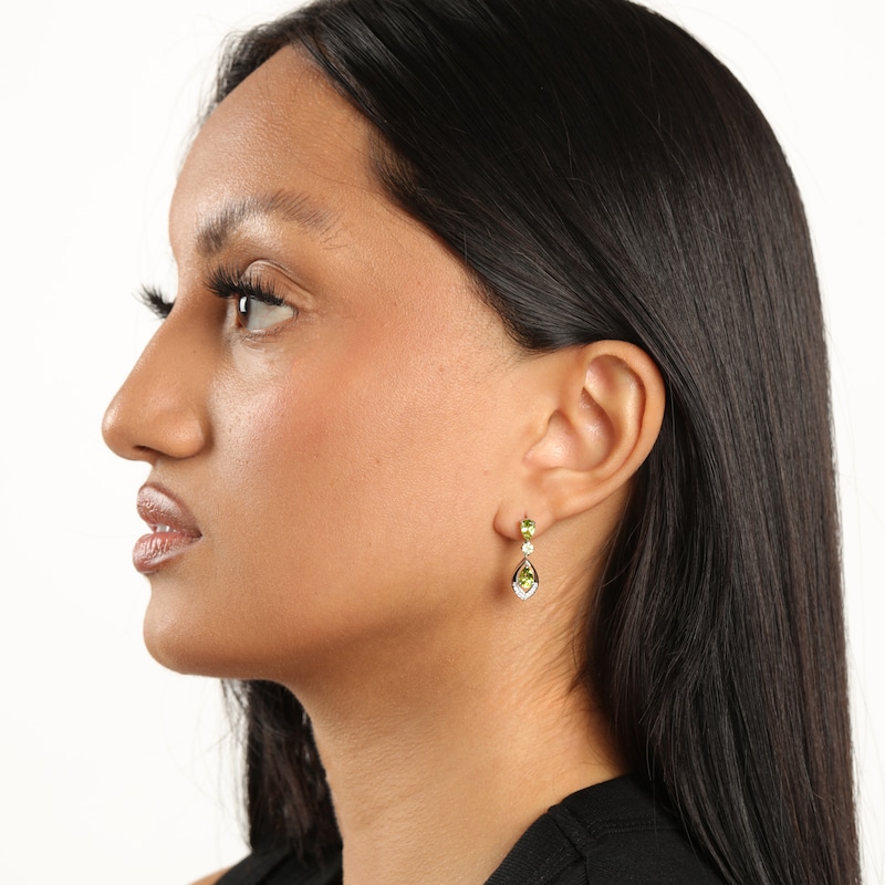 Main Image 5 of Pear-Shaped & Round-Cut Peridot, White Lab-Created Sapphire Drop Earrings Sterling Silver