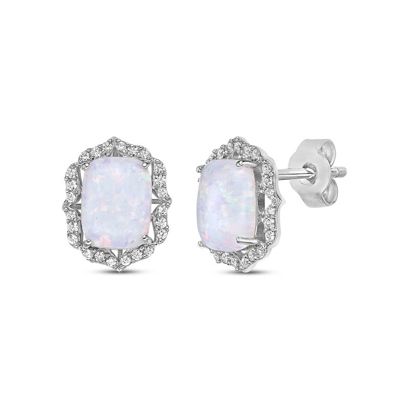Main Image 1 of Cushion-Cut Lab-Created Opal & White Lab-Created Sapphire Arabesque Stud Earrings Sterling Silver