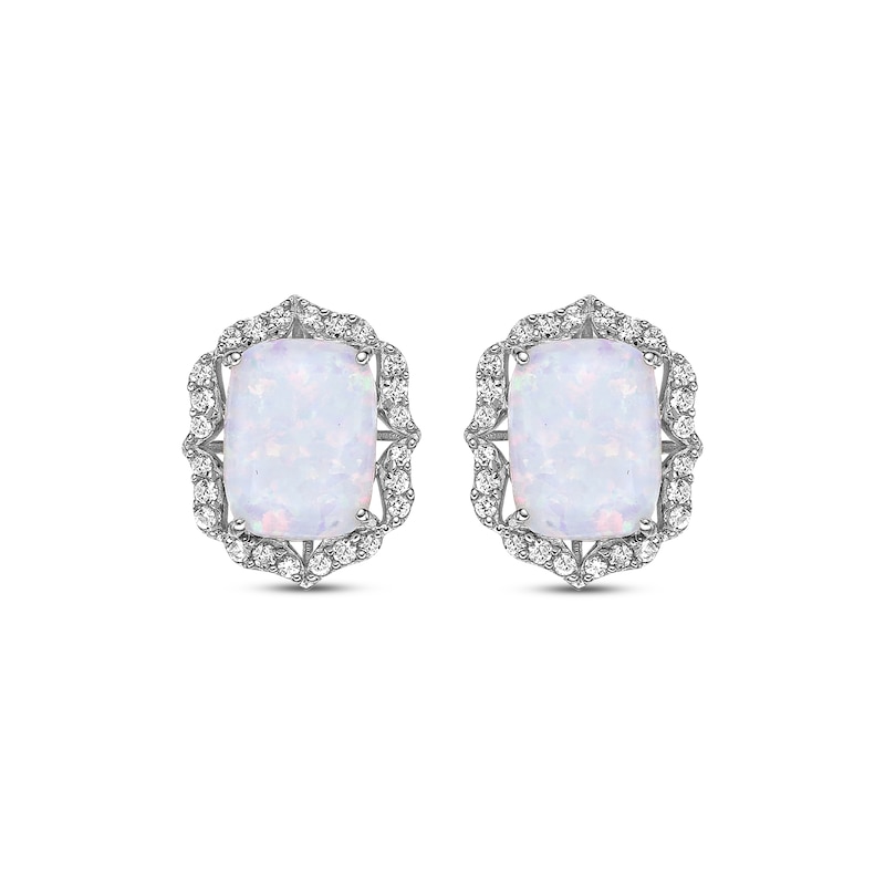 Main Image 2 of Cushion-Cut Lab-Created Opal & White Lab-Created Sapphire Arabesque Stud Earrings Sterling Silver