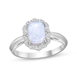 Cushion-Cut Lab-Created Opal & White Lab-Created Sapphire Arabesque Ring Sterling Silver
