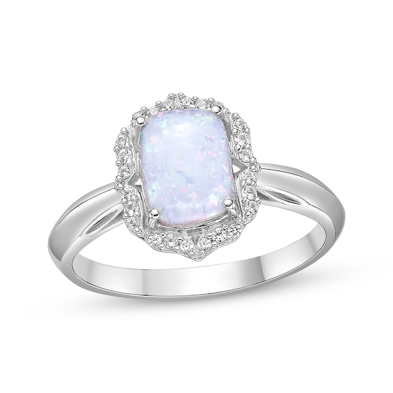 Cushion-Cut Lab-Created Opal & White Lab-Created Sapphire Arabesque Ring Sterling Silver