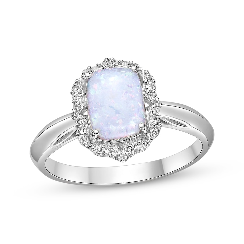 Main Image 1 of Cushion-Cut Lab-Created Opal & White Lab-Created Sapphire Arabesque Ring Sterling Silver