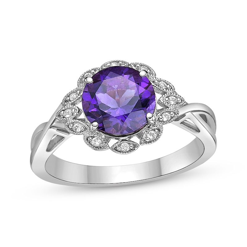 Main Image 1 of Amethyst & White Lab-Created Sapphire Scalloped Frame Ring Sterling Silver