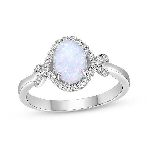 Oval-Cut Lab-Created Opal & White Lab-Created Sapphire Ring Sterling Silver