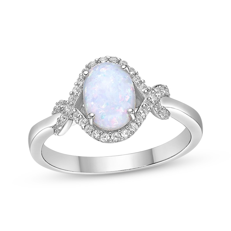 Main Image 1 of Oval-Cut Lab-Created Opal & White Lab-Created Sapphire Ring Sterling Silver