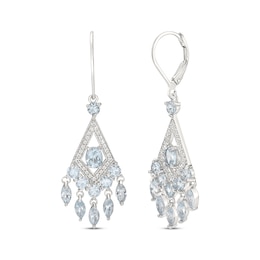 Oval, Marquise & Round-Cut Aquamarine and White Lab-Created Sapphire Chandelier Earrings Sterling Silver