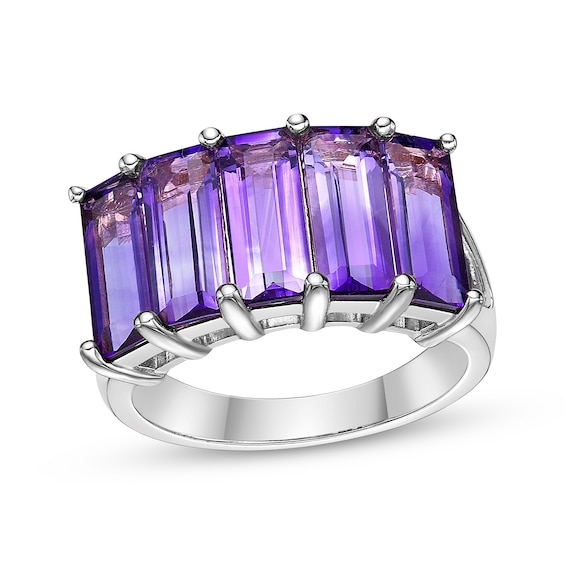 Rectangle-Cut Amethyst Five-Stone Ring Sterling Silver