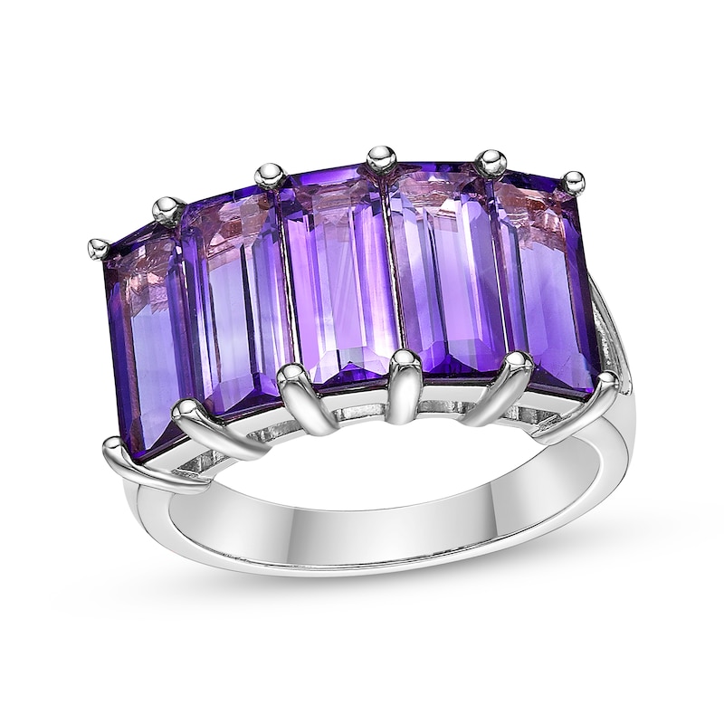 Main Image 1 of Rectangle-Cut Amethyst Five-Stone Ring Sterling Silver