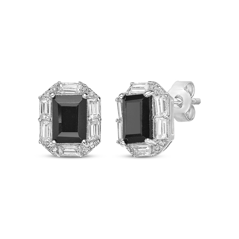 Main Image 1 of Rectangle-Cut Black Onyx & White Lab-Created Sapphire Stud Earrings Sterling Silver