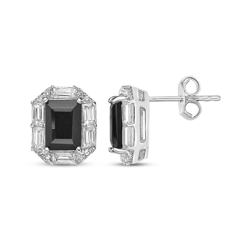 Main Image 3 of Rectangle-Cut Black Onyx & White Lab-Created Sapphire Stud Earrings Sterling Silver