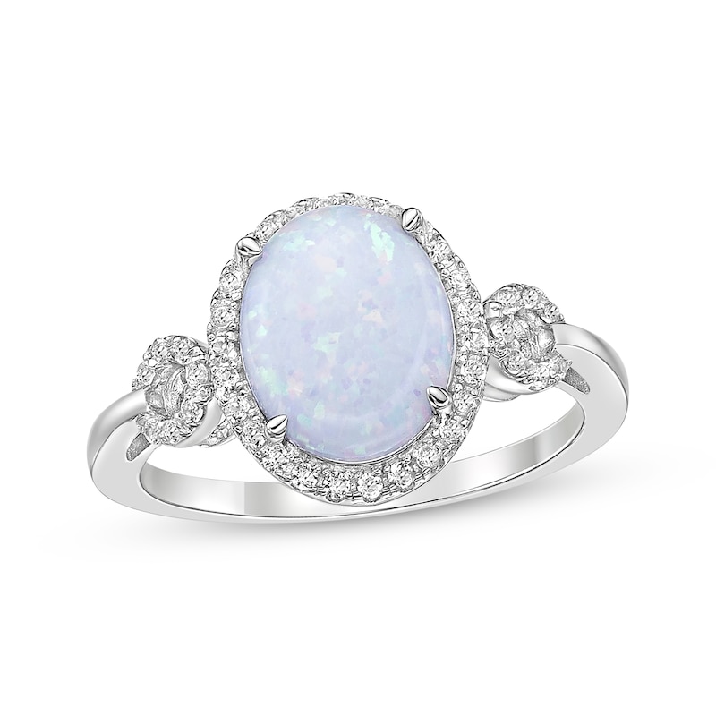 Main Image 1 of Oval-Cut Opal & White Lab-Created Sapphire Halo Loop Ring Sterling Silver