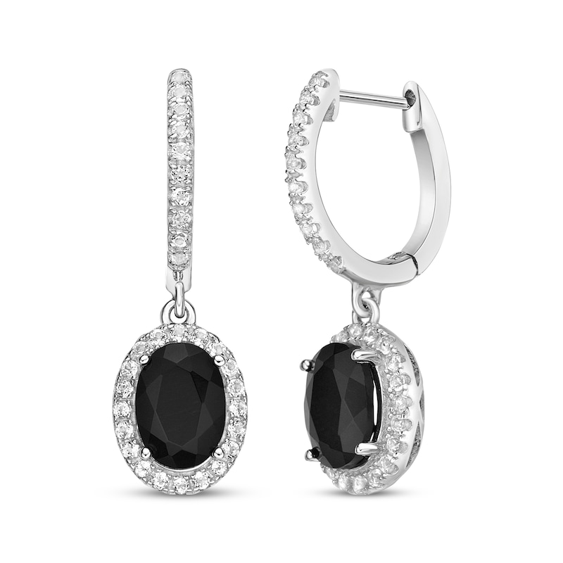Main Image 1 of Oval-Cut Black Onyx & White Lab-Created Sapphire Dangle Hoop Earrings Sterling Silver