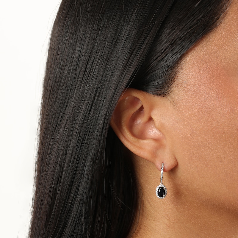 Main Image 2 of Oval-Cut Black Onyx & White Lab-Created Sapphire Dangle Hoop Earrings Sterling Silver