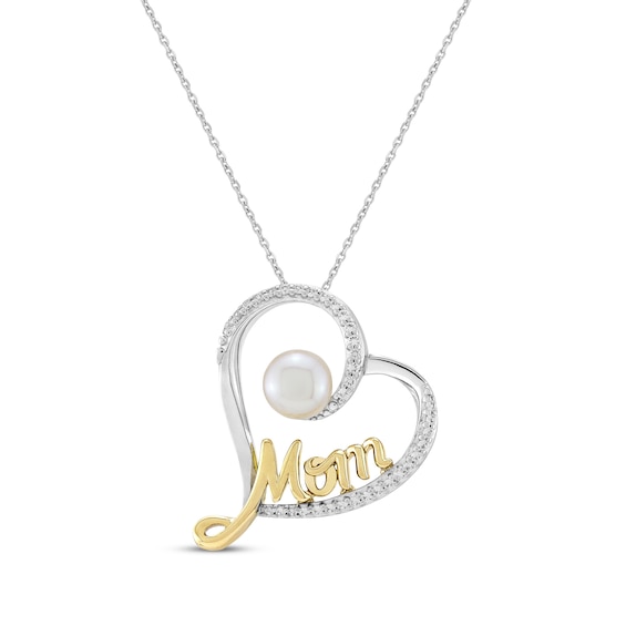Cultured Pearl & White Lab-Created Sapphire "Mom" Heart Necklace Sterling Silver & 10K Yellow Gold 18"