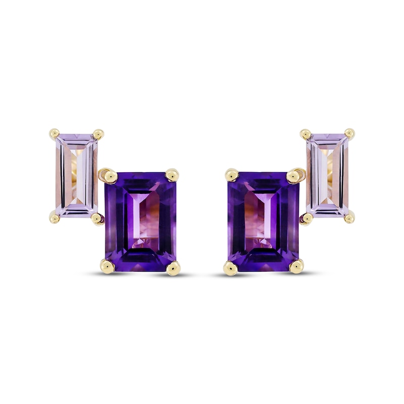 Main Image 2 of Baguette & Emerald-Cut Amethyst Stud Earrings 10K Yellow Gold