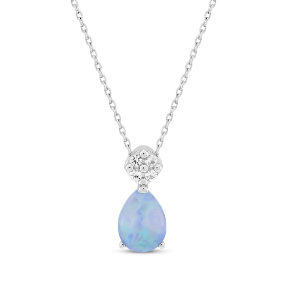 Pear-Shaped Blue Lab-Created Opal & White Lab-Created Sapphire Necklace Sterling Silver 18"