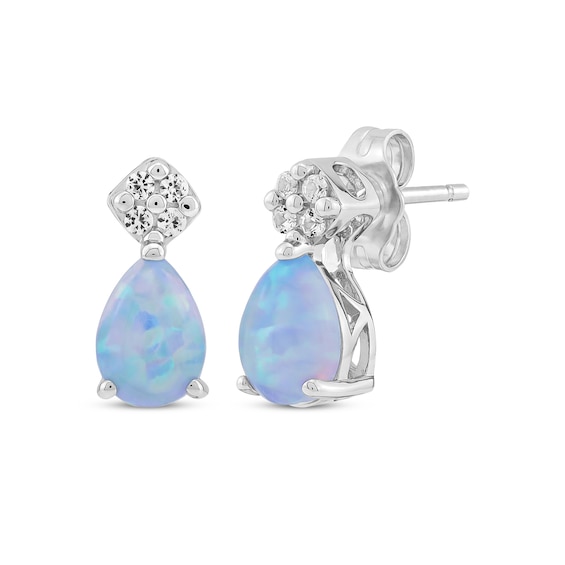 Pear-Shaped Blue Lab-Created Opal & White Lab-Created Sapphire Earrings Sterling Silver