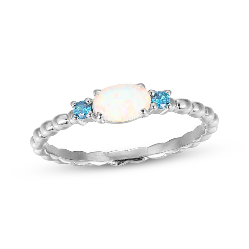 Main Image 1 of Oval-Cut Lab-Created Opal & London Blue Topaz Beaded Stackable Ring Sterling Silver