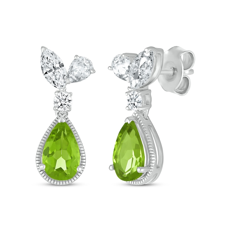 Main Image 1 of Pear-Shaped Peridot & Pear-Shaped, Marquise & Round-Cut White Lab-Created Sapphire Drop Earrings Sterling Silver