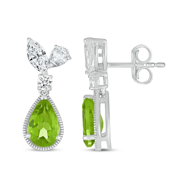 Main Image 3 of Pear-Shaped Peridot & Pear-Shaped, Marquise & Round-Cut White Lab-Created Sapphire Drop Earrings Sterling Silver