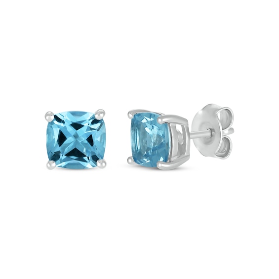 Cushion-Cut London Blue Topaz Solitaire Stud Earrings 10K White Gold