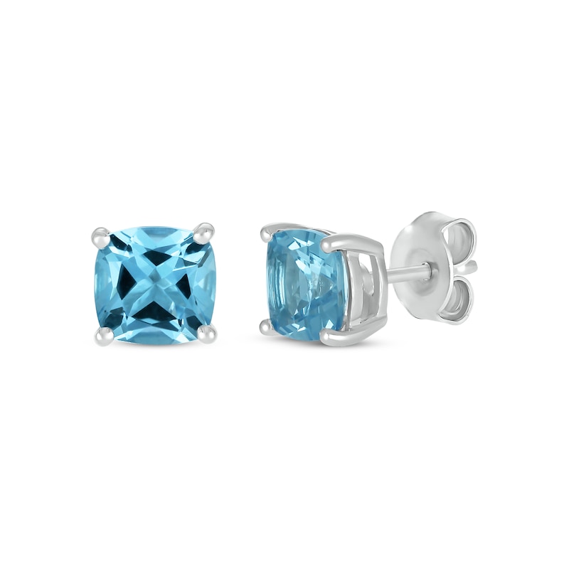 Main Image 1 of Cushion-Cut London Blue Topaz Solitaire Stud Earrings 10K White Gold