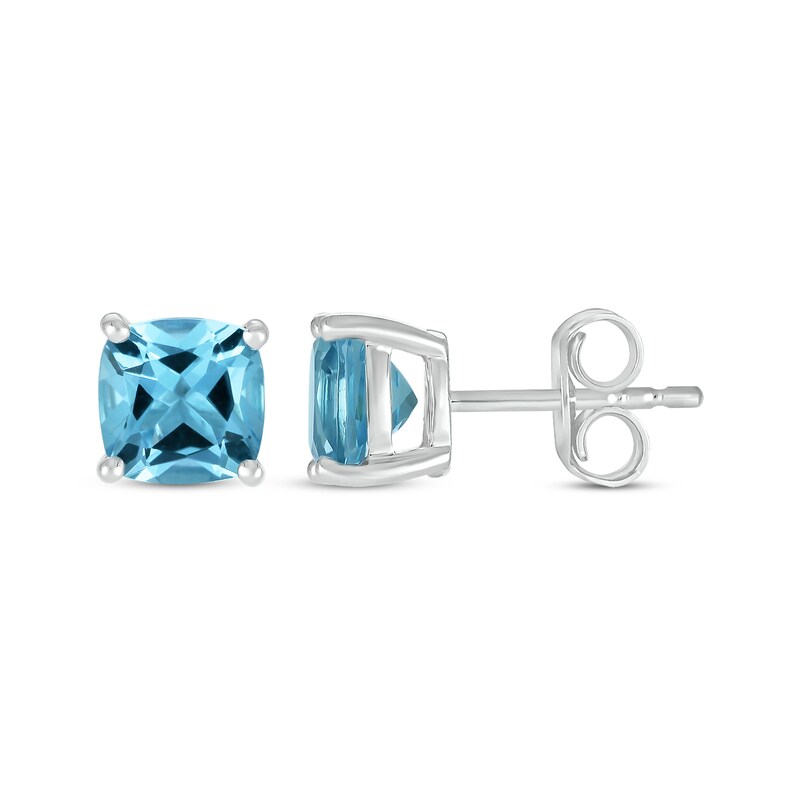 Main Image 3 of Cushion-Cut London Blue Topaz Solitaire Stud Earrings 10K White Gold
